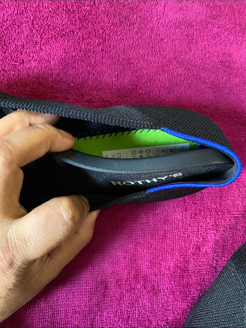 Rothy's Black Pointed Knit Flats with Blue Trim - Picture 7 of 7